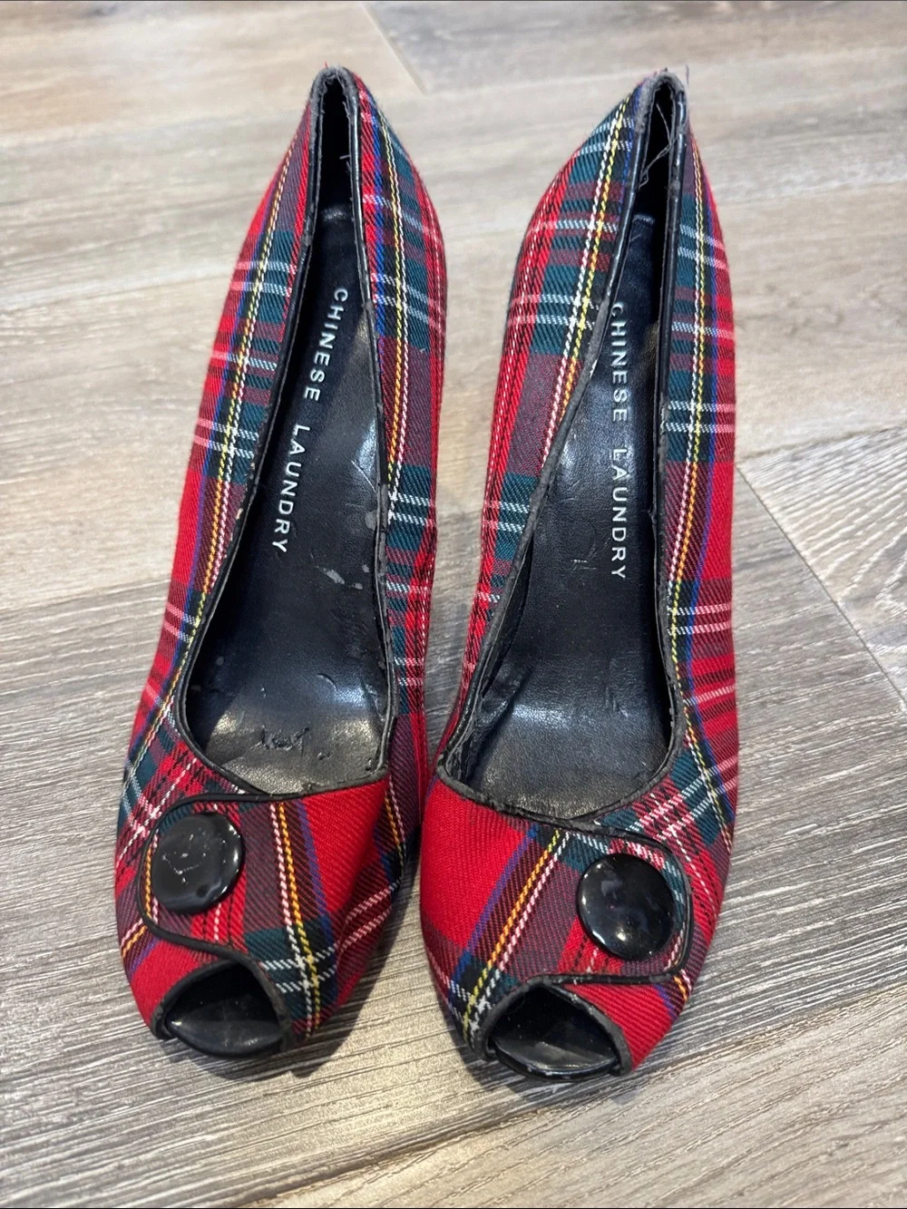 Chinese Laundry Red Plaid Peep-Toe Pumps with Button Accent